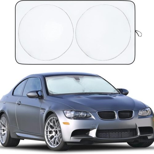 Foldable upgraded overlapping reflective windshield sunshade, universal fit, foldable design.
