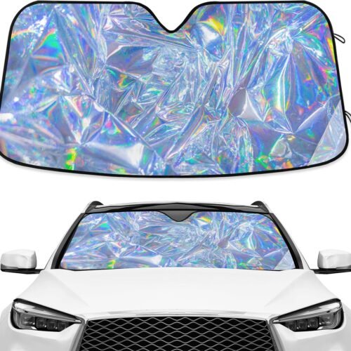 Foldable holographic windshield sun shade with accordion folding design, reflective, foldable for storage.